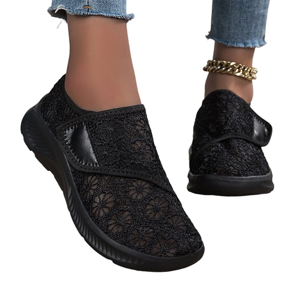 LTTVQM Orthopedic Shoes for Women Lace Snap Breathable Running Shoes Floral Embroidery Sneakers Mesh Arch Support Slip On Walking Shoes Black 40(US-8)