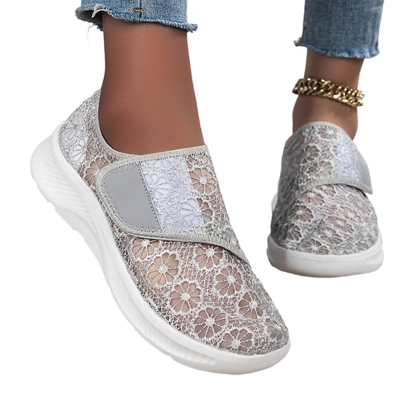 LTTVQM Orthopedic Shoes for Women Lace Snap Breathable Running Shoes Floral Embroidery Sneakers Mesh Arch Support Slip On Walking Shoes Light Gray 40(US-8)