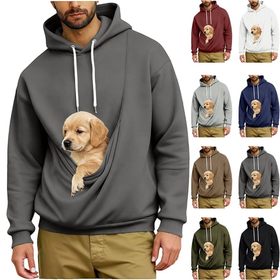 LTTVQM Pet Pouch Hoodie for Men Adjustable Drawstring Pet Holder Hoodie Warm Fleece Kangaroo Pocket Relax Fit Long Sleeve Sweatshirt Dark Gray XL