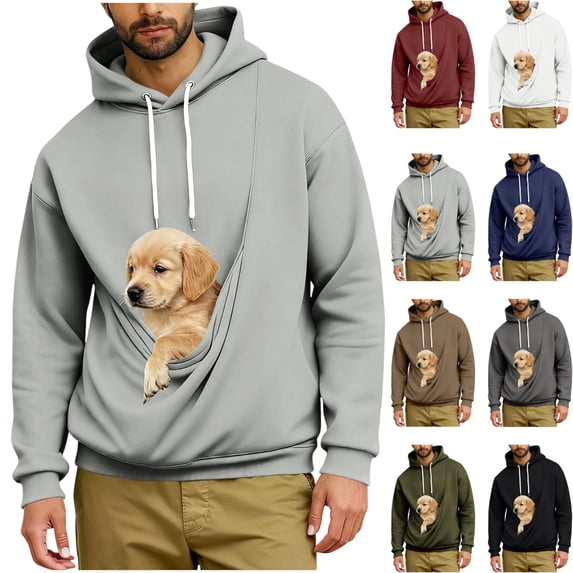 LTTVQM Pet Pouch Hoodie for Men Cozy Warm Kangaroo Pocket Pet Carrier Hoodie Loose Fit Long Sleeve Everyday Outdoor Top Light Gray XL