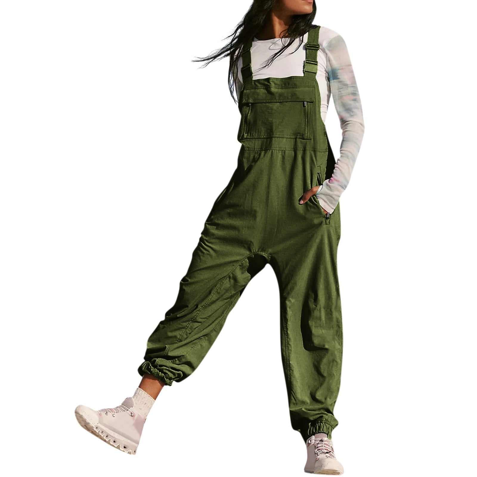 LTTVQM Petite Jumpsuits for Women Cute One Piece Bib Baggy Overall Jumpsuit Loose Fit Overalls Adjustable Strap Sleeveless Casual Cinch Bottom Pants with Pockets Army Green M Walmart