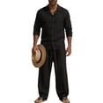 thumbnail image 1 of LTTVQM Plain Solid Tone Natural Cotton Linen Camp Collar Shirt Pants Set for Men Breathable Long Sleeve Holiday Casual Outfit Blouse Black M, 1 of 7