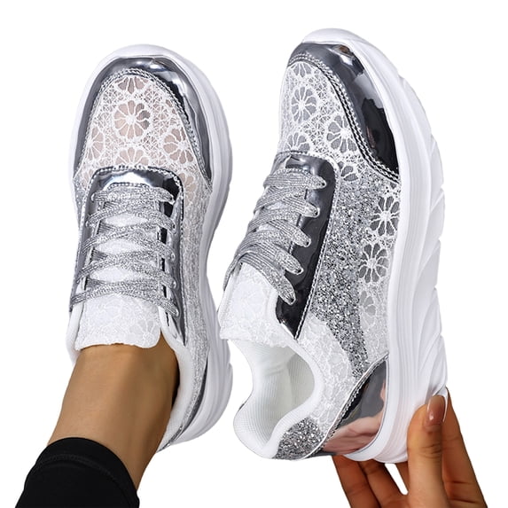 LTTVQM Platform Sneakers For Women Sparkly Glitter Lace-Up Casual Outdoor Walking Fashion Sneakers Comfotable Anti-Skid Tennis Shoes White 37(US-6.5)