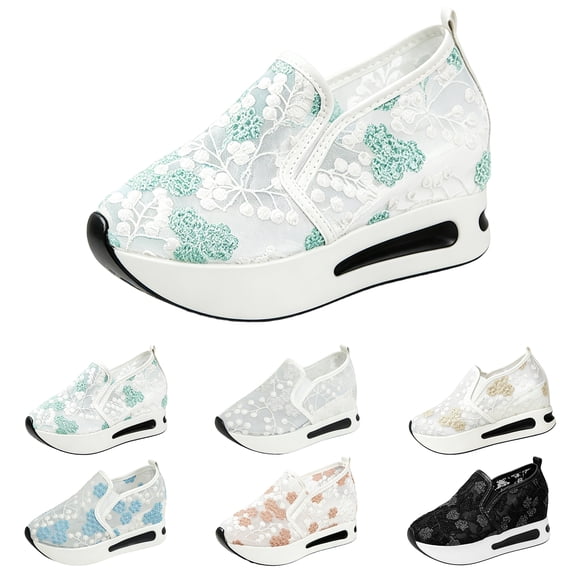 LTTVQM Platform Wedge Sneakers for Women Embroidery Floral Mesh Air Cushion Comfort Shoes Chunky Sole Breathable Outdoor Walking Work Fashion Shoes with Arch Support Green 36(US-5.5)