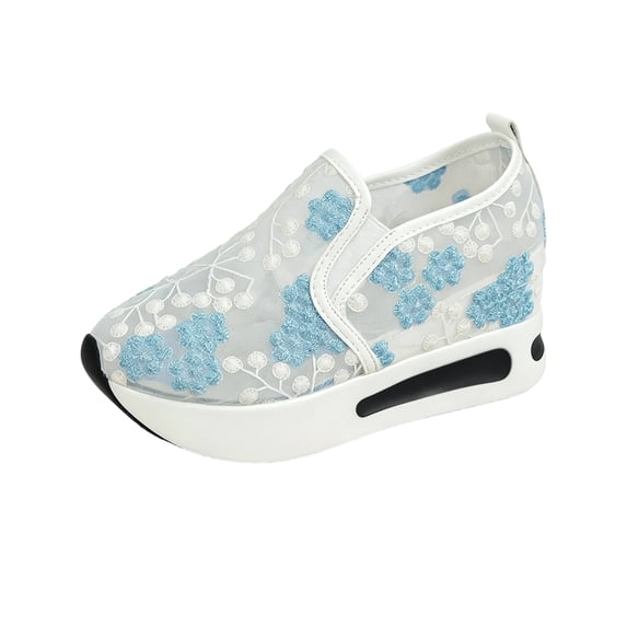 LTTVQM Platform Wedge Sneakers for Women Embroidery Floral Mesh Air Cushion Comfort Shoes Chunky Sole Breathable Outdoor Walking Work Fashion Shoes with Arch Support Blue 37(US-6.5)