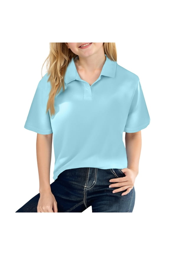 Polo Shirts for Junior Girls School Short Sleeve T-Shirt Casual Button Down Top 2025 Summer New Collared Tops Lightweight Clothes Light Blue 7-8 Years