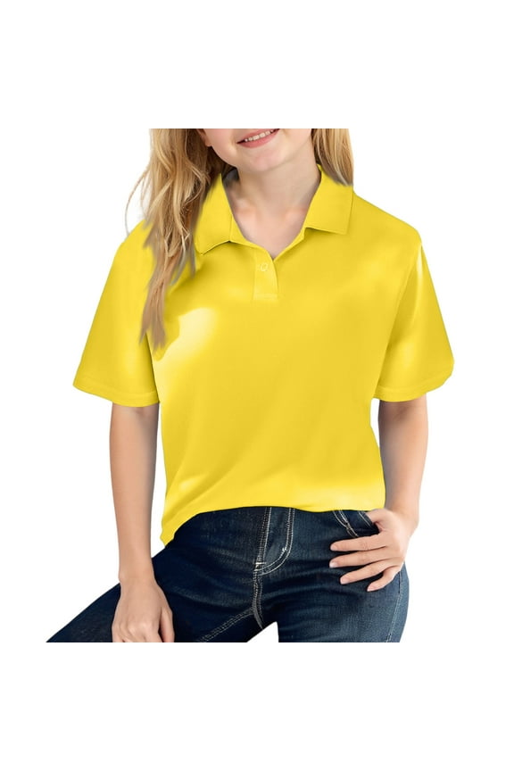 Polo Shirts for Junior Girls School Short Sleeve Uniform Shirts Casual Button Down Tops 2025 Spring New Collared Uniform Top Comfy Blouse Yellow 7-8 Years