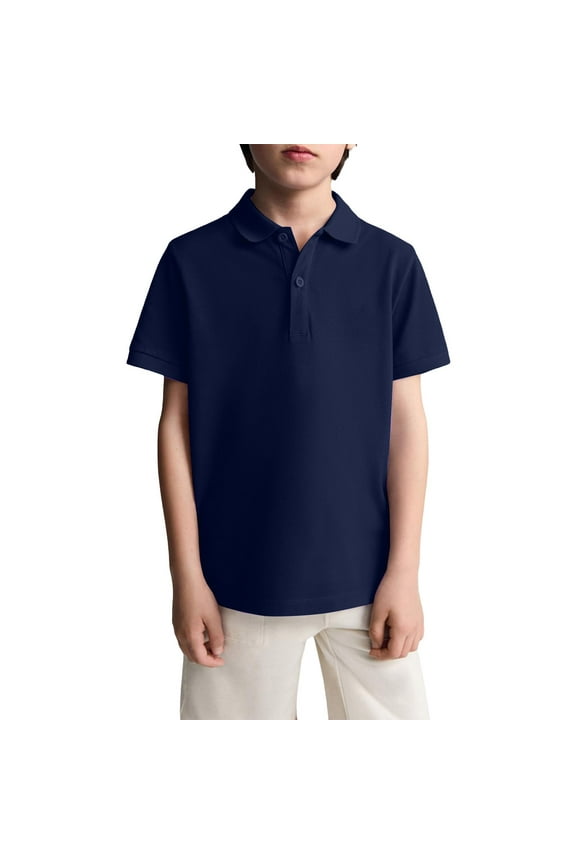 Polo Shirts for Boys School Short Sleeve T-Shirt Casual Button Uniform Top 2025 Summer New Collared Tops Workout Clothes Navy 7-8 Years