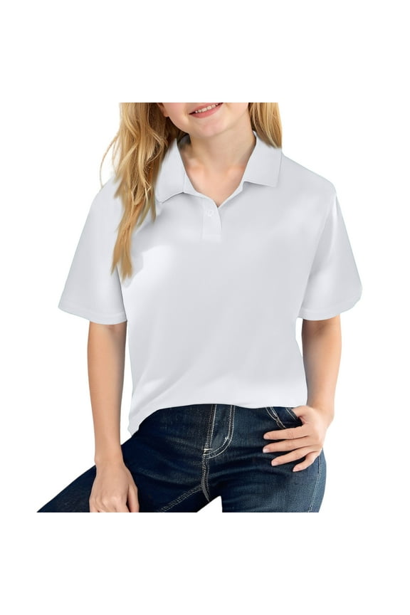 Polo Shirts for Girls School Short Sleeve T-Shirt Casual Button Down Uniform Top 2025 Spring New Collared Top Workout Clothes White 7-8 Years