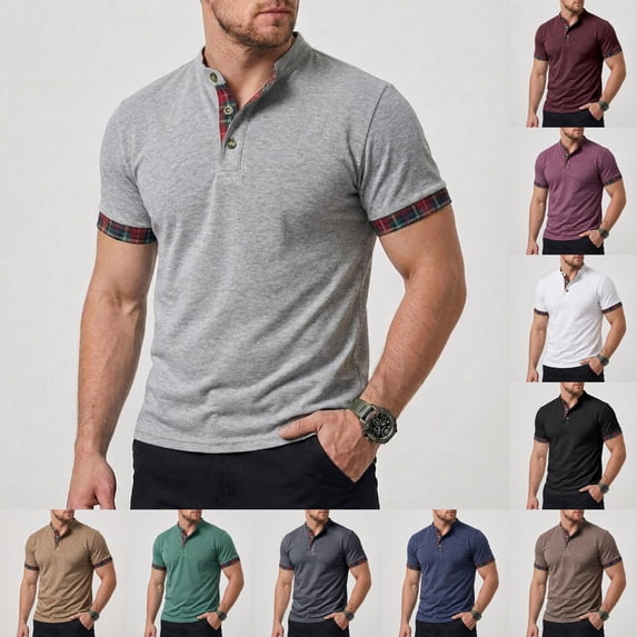 LTTVQM Polo Shirts for Men 2026 Summer Spring Quarter Zip Color Block Short Sleeve Soft Cotton Collared Shirt Light Gray M