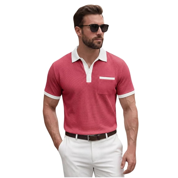 LTTVQM Polo Shirts for Men Casual Short Sleeve Button Golf Slim Fit Shirt with Pocket & Collar 2026 Spring Summer Stylish Tops Red M