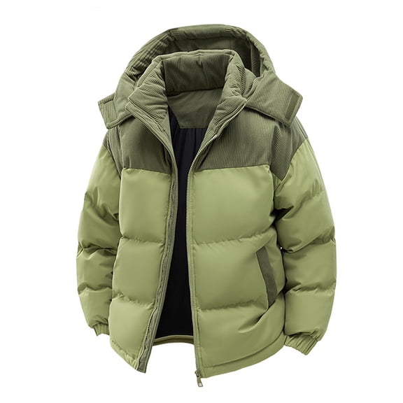 LTTVQM Puffer Jacket for Men Thickened Winter Coat Warm Stand Collar Color Block Zip Up Hooded Jacket Ski Puffer Coat Green 2XL