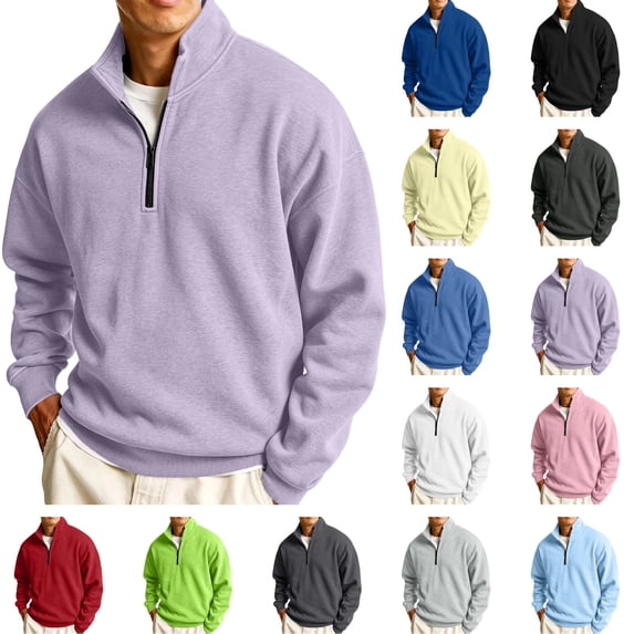 LTTVQM Quarter Zip Pullover Men Fleece Mock Neck Knit Long Sleeve Sweatshirt | Fall Winter Casual Soft Stand Collar Sweater for Athletic Workout Running Light Purple 3XL