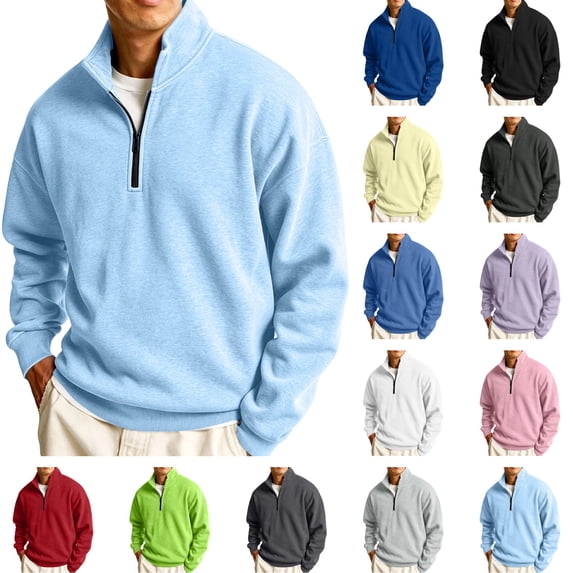 LTTVQM Quarter Zip Pullover Men Fleece Mock Neck Knit Long Sleeve Sweatshirt | Fall Winter Casual Soft Stand Collar Sweater for Athletic Workout Running Light Blue L