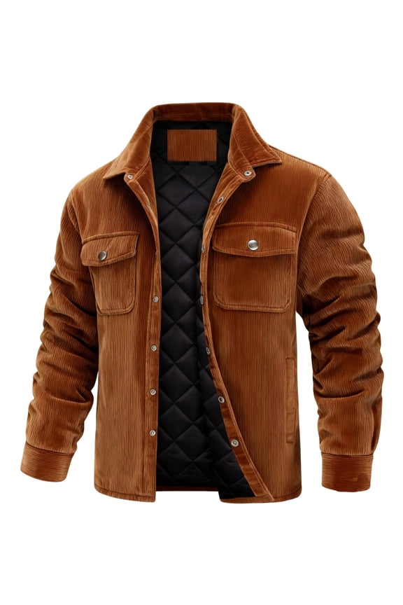 Quilted Mens Jacket with Corduroy Plus Size Collar Winter Thermal Thicken Retro Trucker Jacket Outdoor Work Shacket Windbreaker Brown 2XL