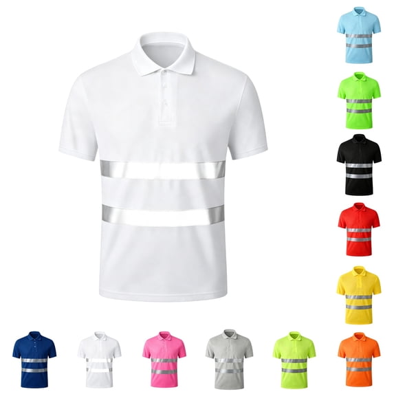 LTTVQM Reflective Shirts for Men Short Sleeve Lapel Collared Quick Dry Breathable Lightweight Polo Shirts Casual Color Block Outdoor Night Work Golf Shirts White M