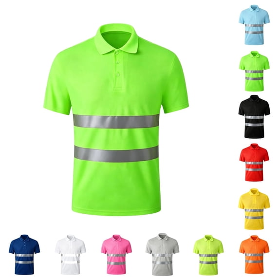 LTTVQM Reflective Shirts for Men Short Sleeve Lapel Collared Quick Dry Breathable Lightweight Polo Shirts Casual Color Block Outdoor Night Work Golf Shirts Fluorescent Green 2XL