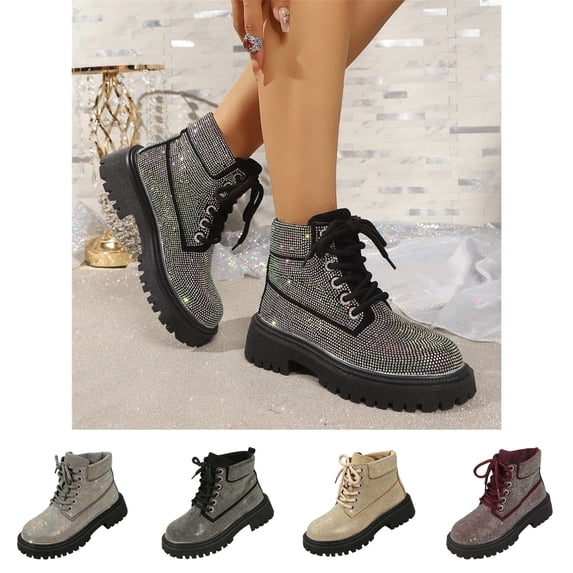 LTTVQM Rhinestone Combat Boots Womens Platform Chunky Heel Lug Sole Lace Up Ankle Boots Anti-Skid Casual Comfortable Fall Winter Outdoor Walking Boots Black 40(US-8)