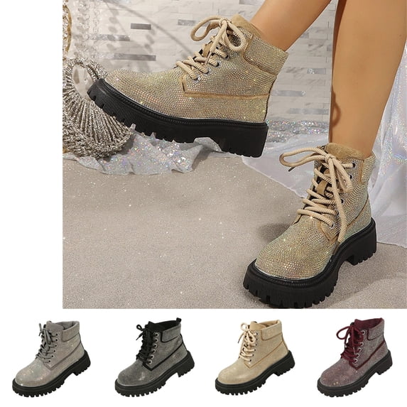 LTTVQM Rhinestone Combat Boots Womens Platform Chunky Heel Lug Sole Lace Up Ankle Boots Anti-Skid Casual Comfortable Fall Winter Outdoor Walking Boots Yellow 40(US-8)