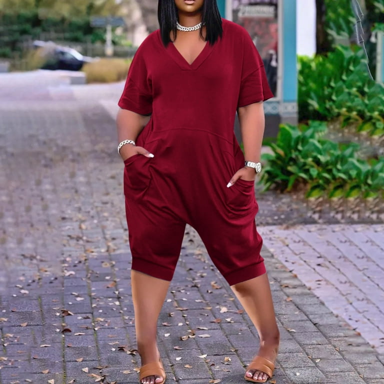 LTTVQM Rompers for Women Five Point Jumpsuits Plus Size V Neck Zipper Overalls Solid Color Romper Short Sleeve Rompers Overall with Pockets Overalls