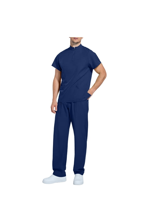 Scrubs for Men Set 2026 Spring Fall Uniform Stretchy Mock Neck Scrub Top & Cargo Pant with Multi Pockets Navy L