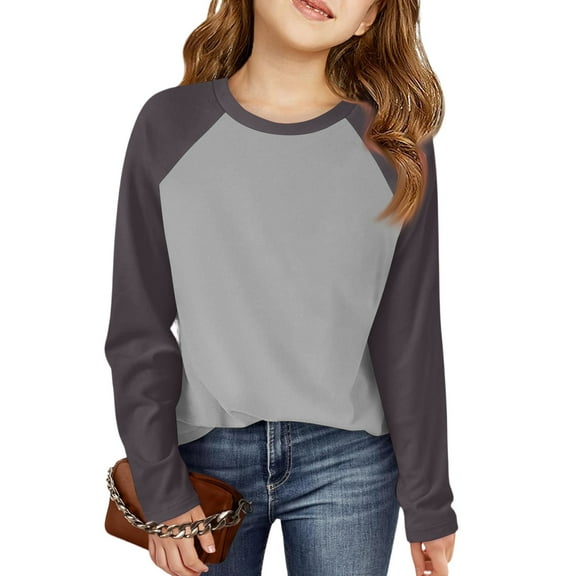 LTTVQM Shirt for Girls Fall Casual Raglan Long Sleeve Tunic Tops Lightweight Crewneck Blouses Holiday Clothes Gray 6-7 Years