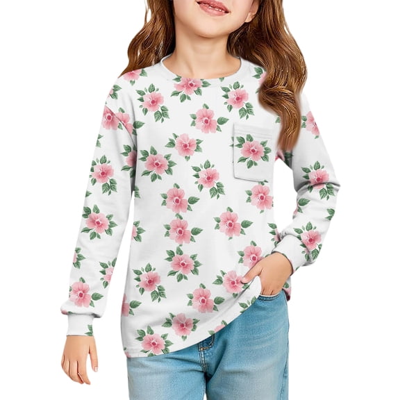 LTTVQM Shirts for Girls Long Sleeve Size 11-12 Fall Cute Floral Graphic Tee Casual Tunic Tops Fashion Clothes Crewneck with Pocket Light pink 11-12 Years