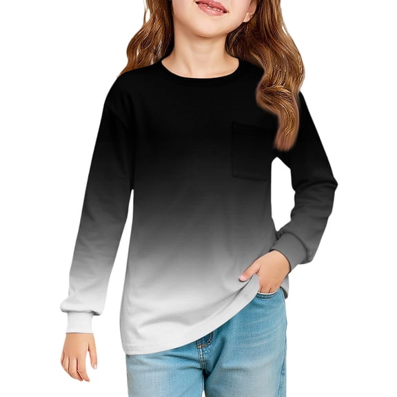 LTTVQM Shirts for Kids Girls Size 9-10 Fall Casual Gradient Print Tee Soft Long Sleeve Tunic Tops Fashion Crew Neck Clothes with Pocket Black 9-10 Years
