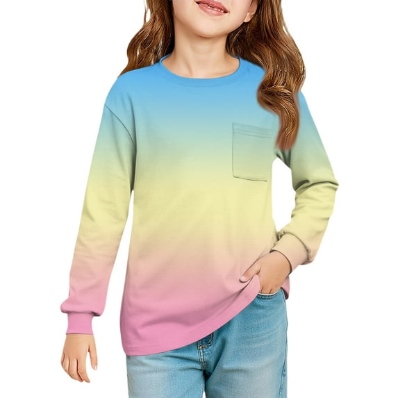 LTTVQM Shirts for Toddler Girls 5-6 Winter Cute Gradient Graphic Tee Loose Fit Long Sleeve Blouses Fashion Crew Neck Clothes with Pocket Beige 5-6 Years