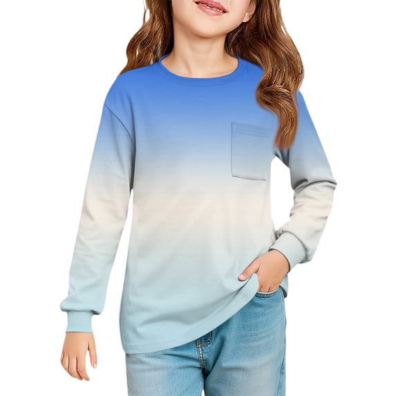 LTTVQM Shirts for Toddler Girls Size 12-13 Winter Casual Gradient Print T Shirts Comfy Long Sleeve Blouses Trendy Crewneck Outfit with Pocket Light Blue 12-13 Years
