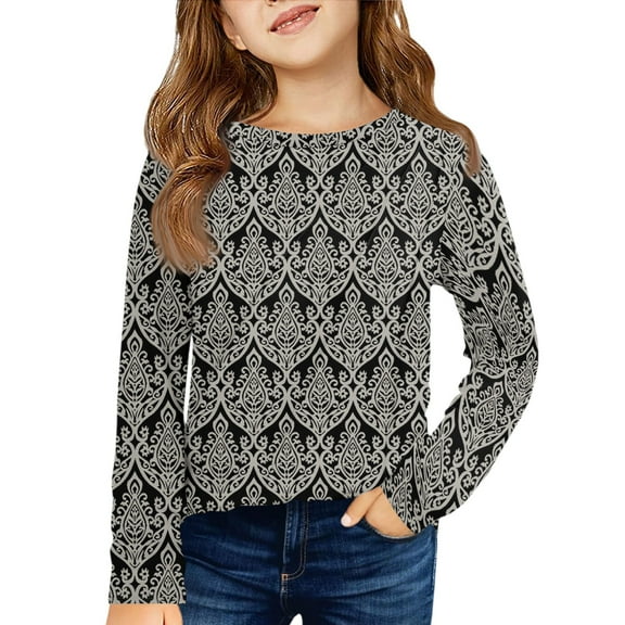 LTTVQM Shirts for Girls 2025 3-4 Long Sleeve Casual Fall Floral Graphic Tunic Tops Loose Fit Round Neck Pullover Comfy T-Shirts Gray 3-4 Years
