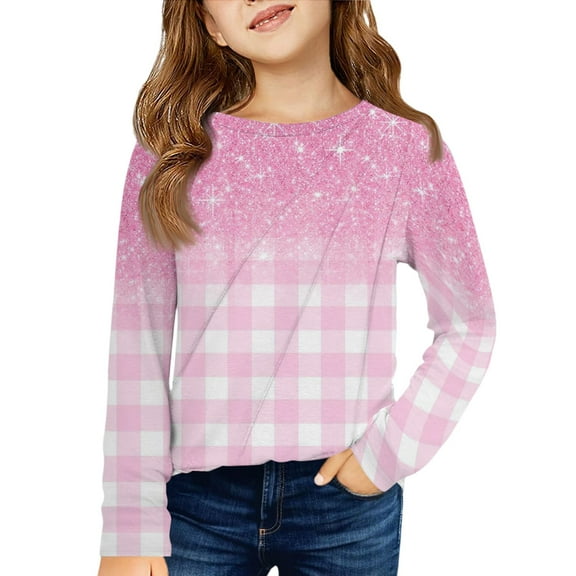 LTTVQM Shirts for Girls 7-8 Long Sleeve Casual Winter Plaid Graphic Tunic Tops Cute Crew Neck Blouse Soft T-Shirts Pink 7-8 Years