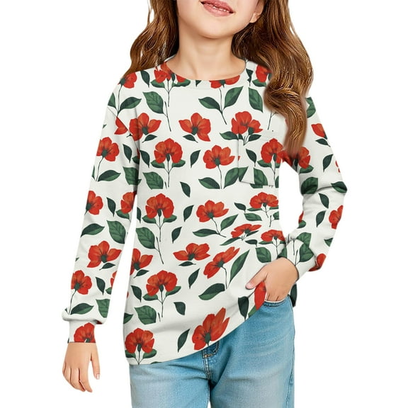 LTTVQM Shirts for Girls 9-10 Fall Cute Floral Print Tee Soft Long Sleeve Tunic Tops Fashion Crewneck Clothes with Pocket Red 9-10 Years