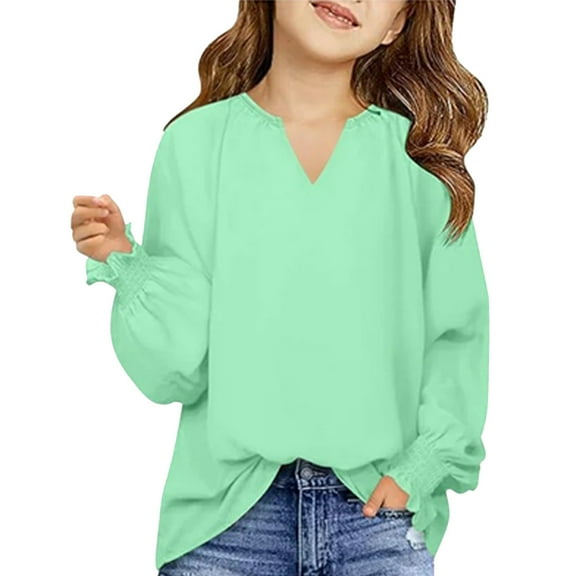 LTTVQM Shirts for Girls 9-10 Long Sleeve Casual Chiffon Tunic Tops Basic V-Neck Blouse Fashion T Shirts Light Green 9-10 Years