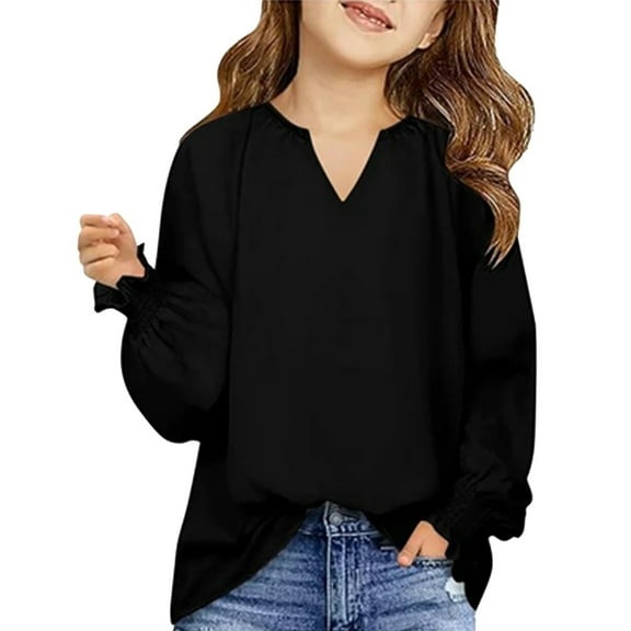 LTTVQM Shirts for Girls 9-10 Long Sleeve Cute Chiffon Tunic Tops Loose Fit V Neck Blouses Breathable T-Shirts Black 9-10 Years