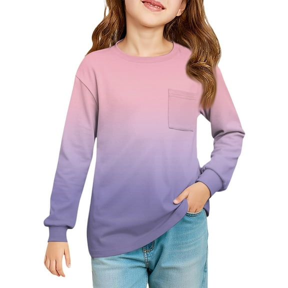 LTTVQM Shirts for Girls Size 1-2 Fall Cute Gradient Graphic T-Shirts Loose Fit Long Sleeve Tops Trendy Crewneck Clothes with Pocket Pink 1-2 Years