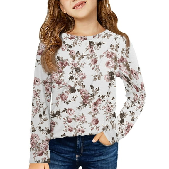 LTTVQM Shirts for Girls Size 4-5 Long Sleeve Casual Winter Floral Graphic Tunic Tops Basic Crew Neck Blouse Comfy Shirts White 4-5 Years