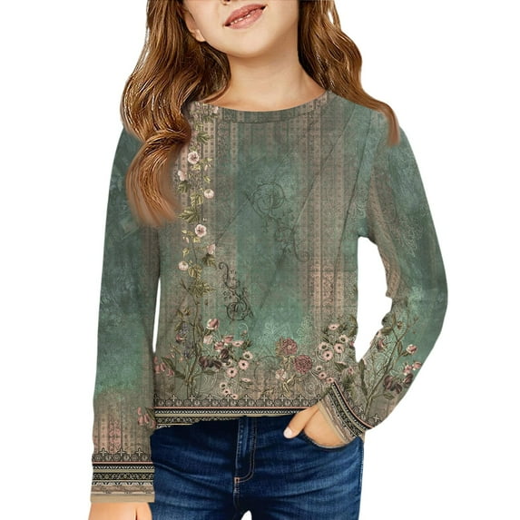 LTTVQM Shirts for Kids Girls 5-6 Long Sleeve Casual Winter Floral Print Tunic Tops Loose Fit Crew Neck Blouses Comfy Shirts Army Green 5-6 Years