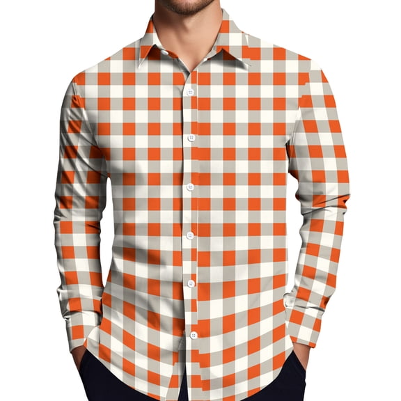 LTTVQM Shirts for Men 2026 Plaid Graphic Loose Fit Button Down Shirts Vacation Long Sleeve Tops Collar Spring Summer Fashion Blouses Orange XL