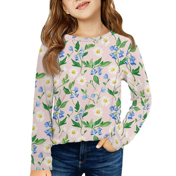 LTTVQM Shirts for Toddler Girls 5-6 Long Sleeve Casual Fall Floral Graphic Tunic Tops Cute Crew Neck Blouses Soft T-Shirts Light pink 5-6 Years