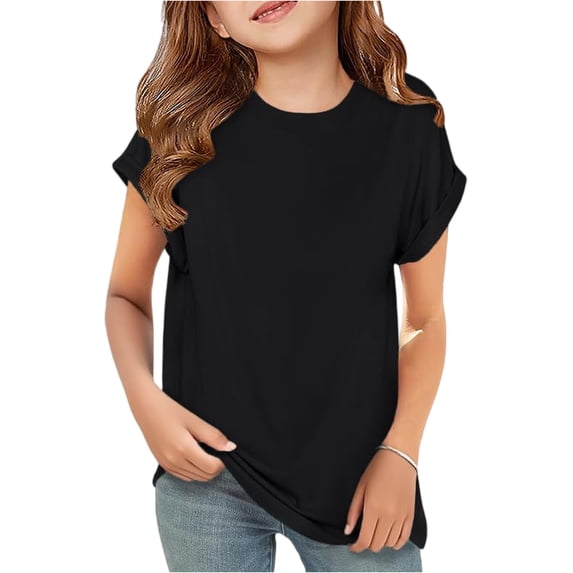 LTTVQM Short Sleeve Shirts for Girls Casual Crewneck Curve Hem Cute Soft Tunic Tops 2026 Summer Spring Tees Black 3-4 Years