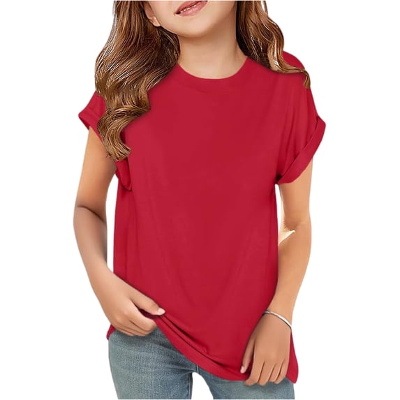 LTTVQM Short Sleeve Shirts for Girls Casual Crewneck Curve Hem Cute Soft Tunic Tops 2026 Summer Spring Tees Red 5-6 Years