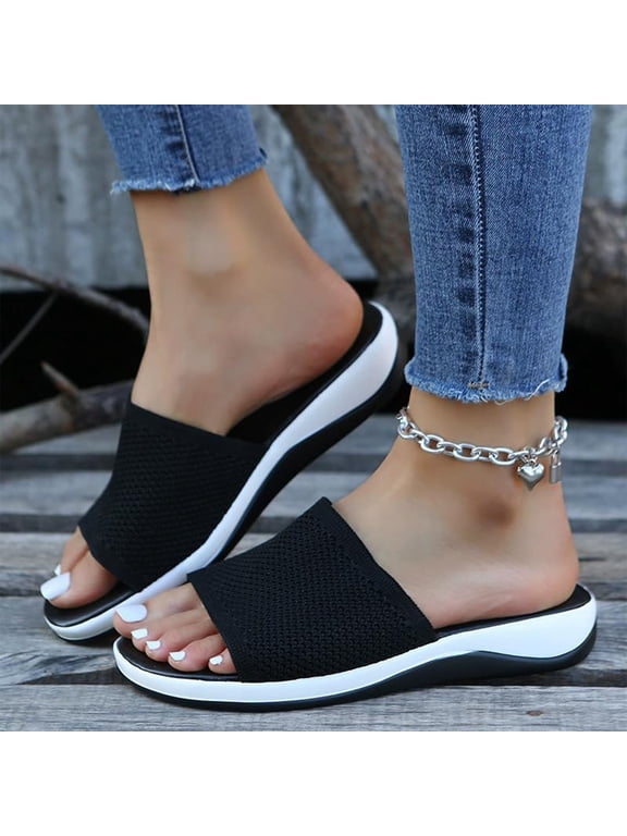 Slippers for Women Breathable Knit Open-Toe Orthopedic Arch Support Soft Sole Flat Slide Sandals Casual Summer Slip-On Outdoor Indoor Bathroom Beach Walking Slippers Black 39(US-7.5)