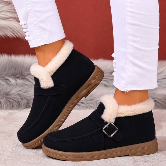 LTTVQM Snow Boots for Women Plush Lined Non-Slip Warm Comfy Walking Shoes with Buckle Strap Suede Durable Winter Casual Short Boots Black 40(US-8)