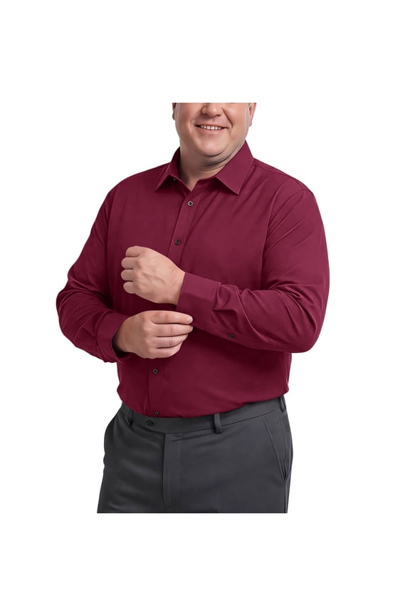 Soft Plain Collared Stretch Long Sleeve Casual Dress Pullover for Big Men, Relax Fit Everyday Travel Formal Layering Tops Wine XL
