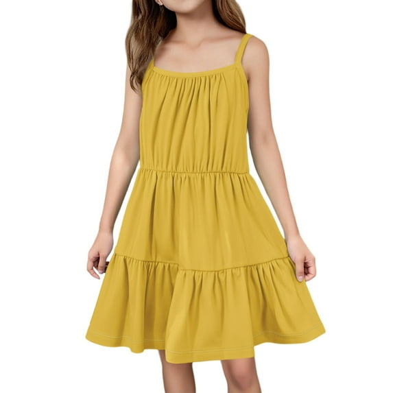 LTTVQM Solid Color Dress for Little Girls 9-10 Summer Casual Sleeveless Ruffle Hem Midi Dress Vacation Sundresses Soft A-Line Dress Yellow 9-10 Years