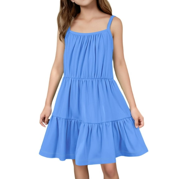 LTTVQM Solid Color Dresses for Girls 7-8 Summer Casual Sleeveless Ruffle Hem Midi Dress Cute Sundresses Comfortable Church Dress Blue 7-8 Years