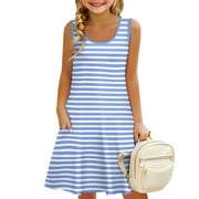 LTTVQM Spring Dresses for Toddlers Girls 7-8 Sleeveless Striped Sundress Comfy Round Neck Tank Dress Fashion Midi Dresses with Pocket Sky Blue 7-8