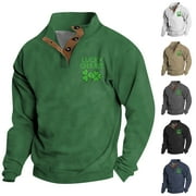 LTTVQM St. Patrick's Day Men's Fashion Hoodies & Sweatshirts Shirt Lapel Collar Button Up Pullover St. Day Solid Clover Print Mock Neck Long Sleeve Sweaters Green Lucky Shamrock Polo Sweatshirts 2XL