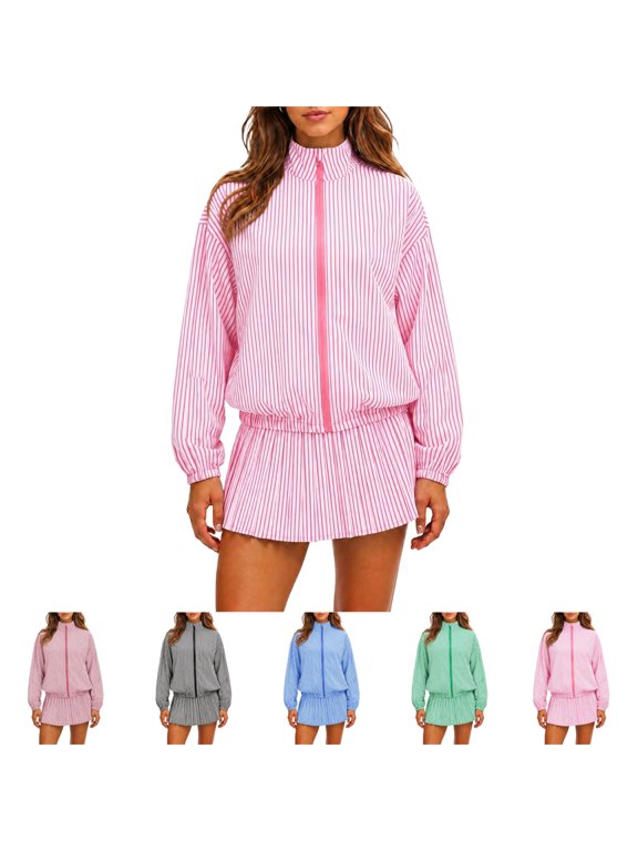 Striped Zip Up 2 Piece Outfit Sets for Women Trendy Co‑Ord Design Vertical Stripes Full Zip Stand Collar Jacket Skort Street‑Ready Outfits